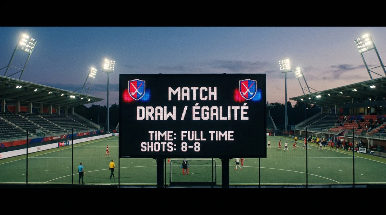 Scorebord met gelijke stand tijdens hockeywedstrijd
