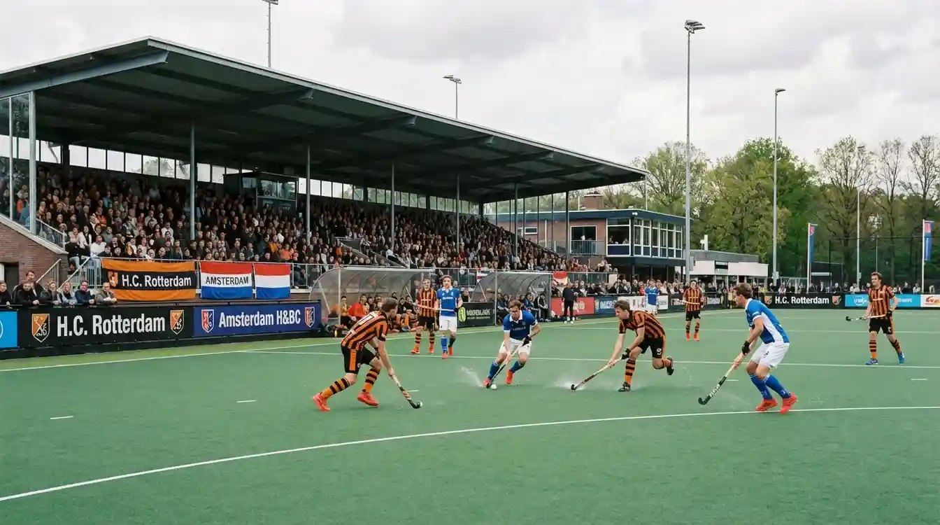 Hockeywedstrijd in de Nederlandse Hoofdklasse op kunstgrasveld