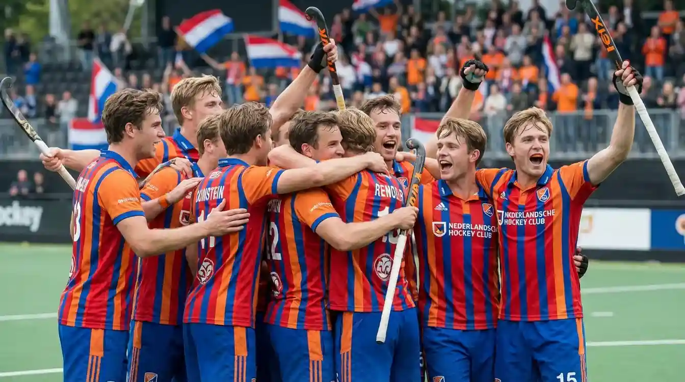 Nederlandse hockeyclub viert doelpunt met teamgenoten in clubkleuren