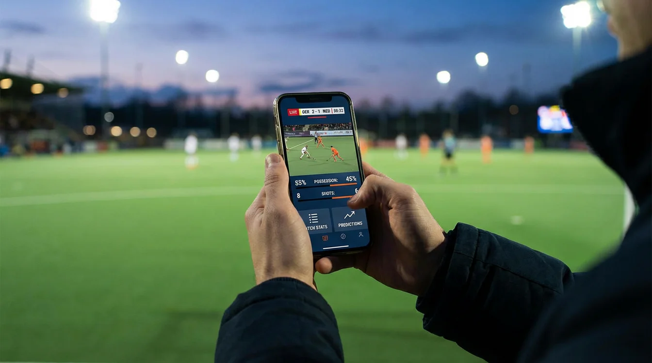 Smartphone met live hockeywedstrijd en statistieken op het scherm