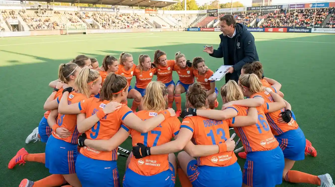 Nederlands hockeyteam in oranje tenues tijdens een tactische bespreking