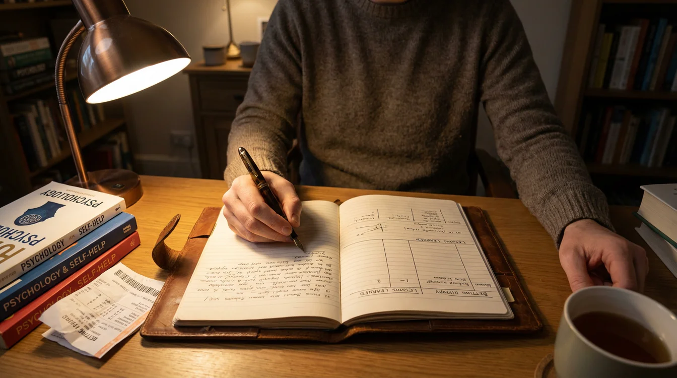 Persoon maakt notities en leert van ervaring