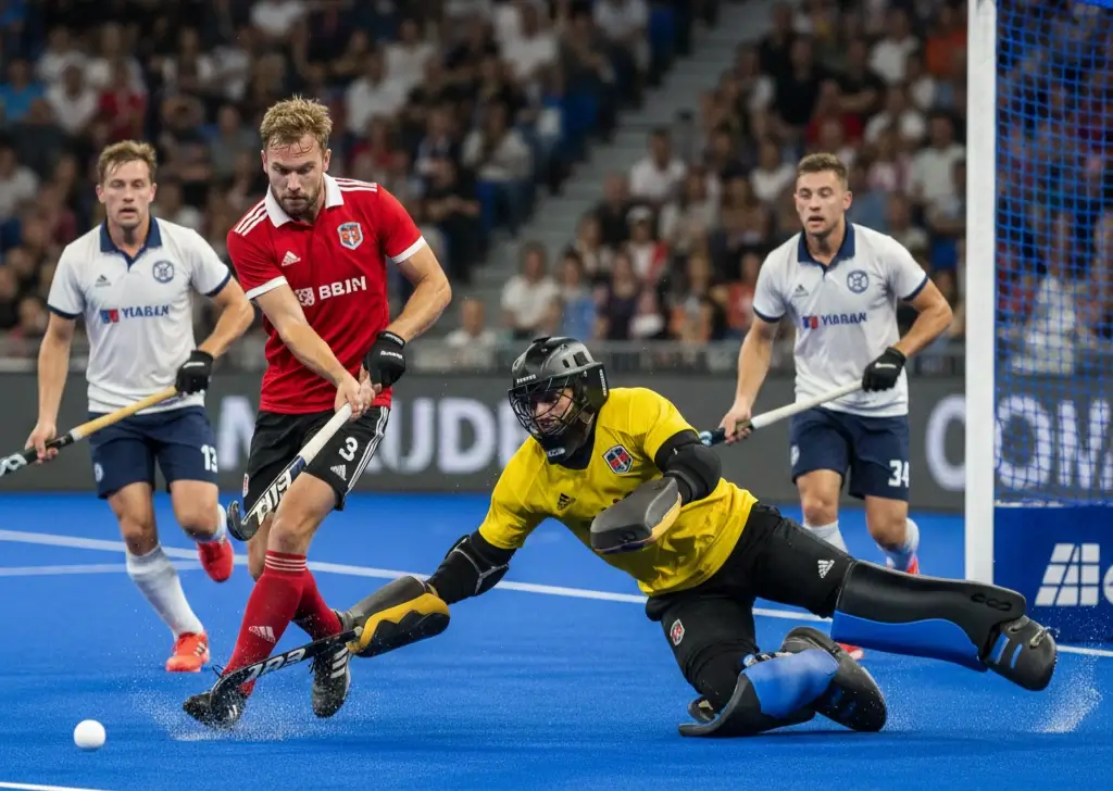 Hockeyspeler neemt schot binnen de cirkel richting doel met verdedigers