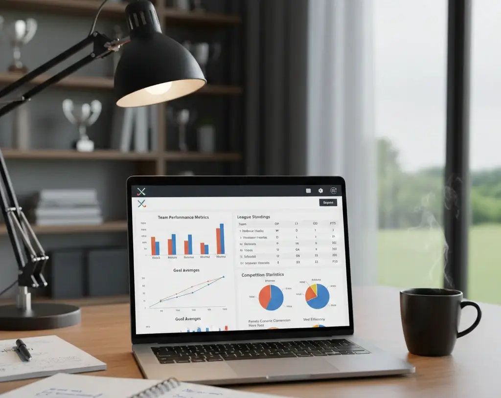 Laptop met hockey statistieken dashboard en competitiedata op scherm