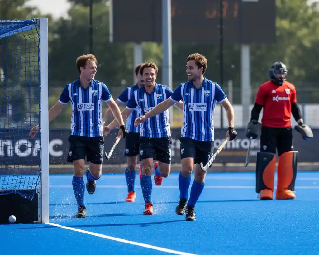 Hockeyspelers vieren doelpunt op het veld met scorebord op achtergrond