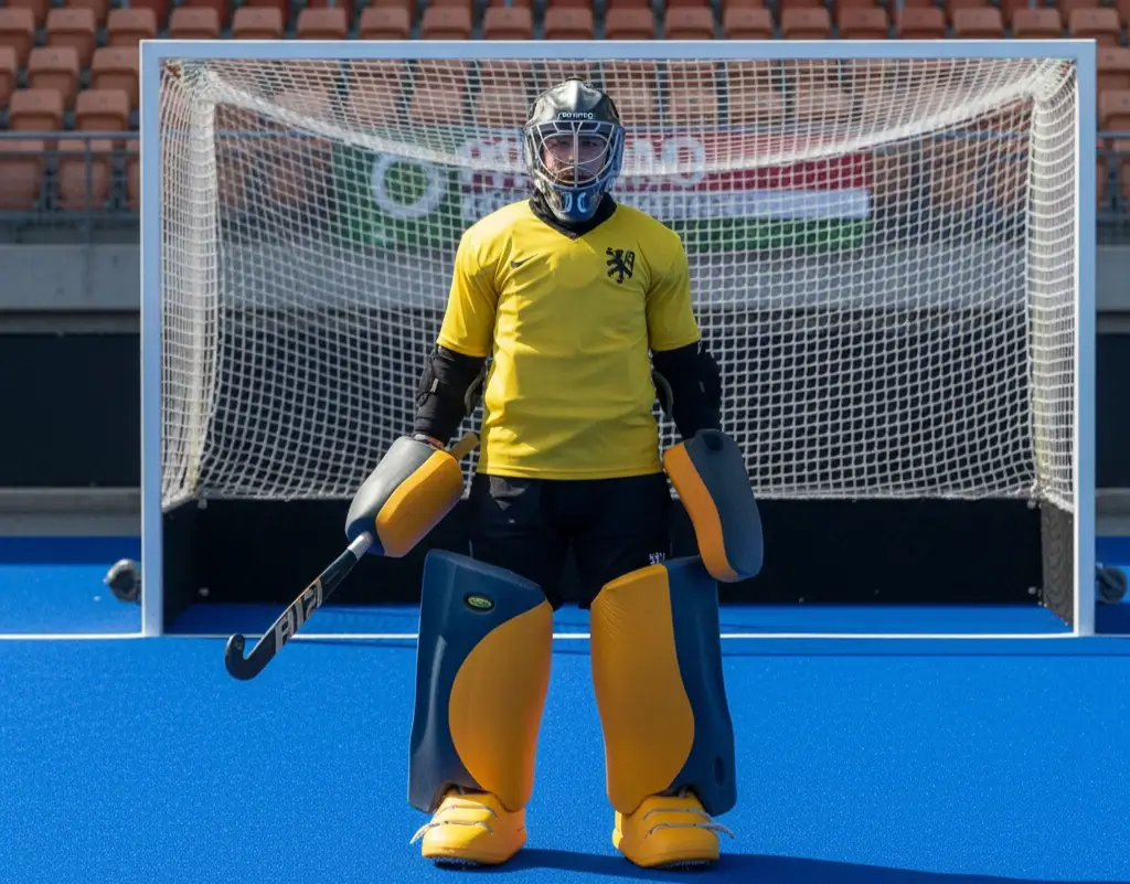 Hockeykeeper in volledige beschermende uitrusting met helm en beenbeschermers