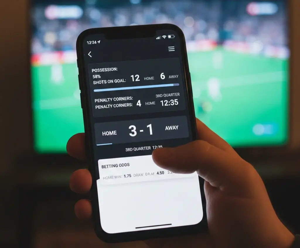Smartphone met live hockey wedstrijdstatistieken en weddenschapsdata op scherm