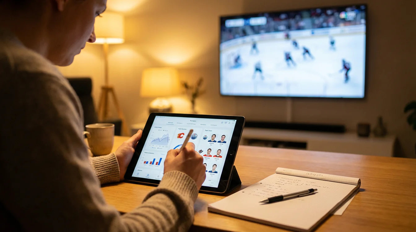 Persoon analyseert hockeystatistieken op tablet met wedstrijdbeelden