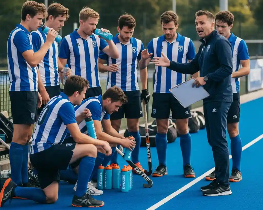 Hockeyteam tijdens rustpauze met coach die tactische aanwijzingen geeft