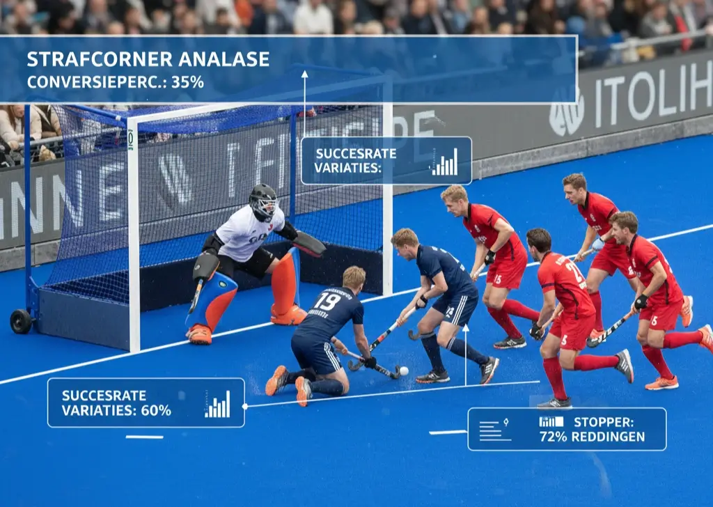 Strafcorner situatie met statistiekoverlay die benuttingspercentages toont