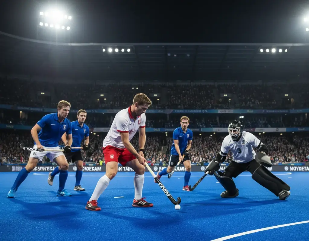 Strafcorner situatie bij hockey met aanvaller klaar om te schieten op doel