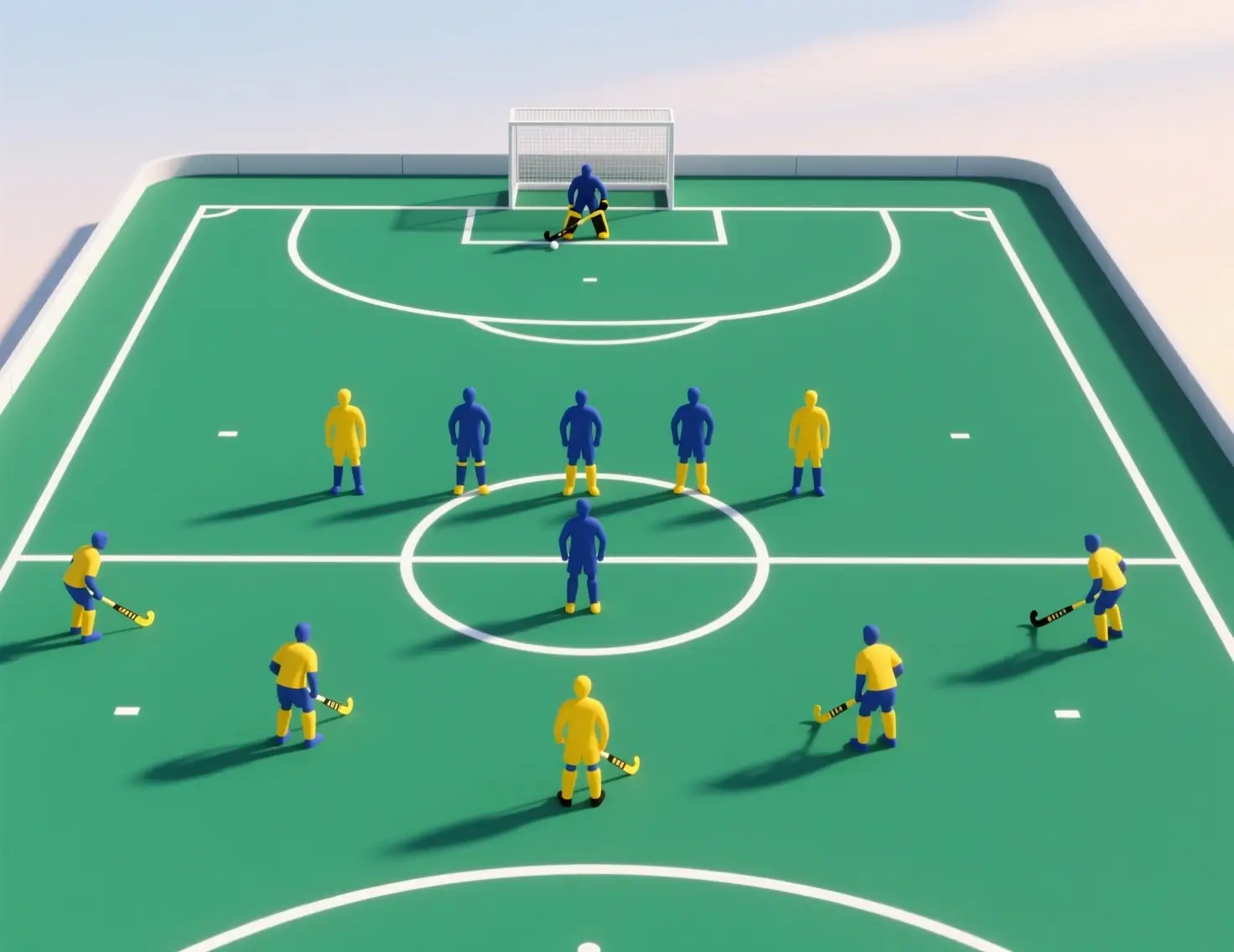 Tactische weergave van een hockeyteam met 11 spelers in opstelling op het veld