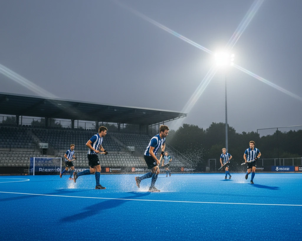 Hockeywedstrijd op blauw waterveld met zichtbare weersomstandigheden