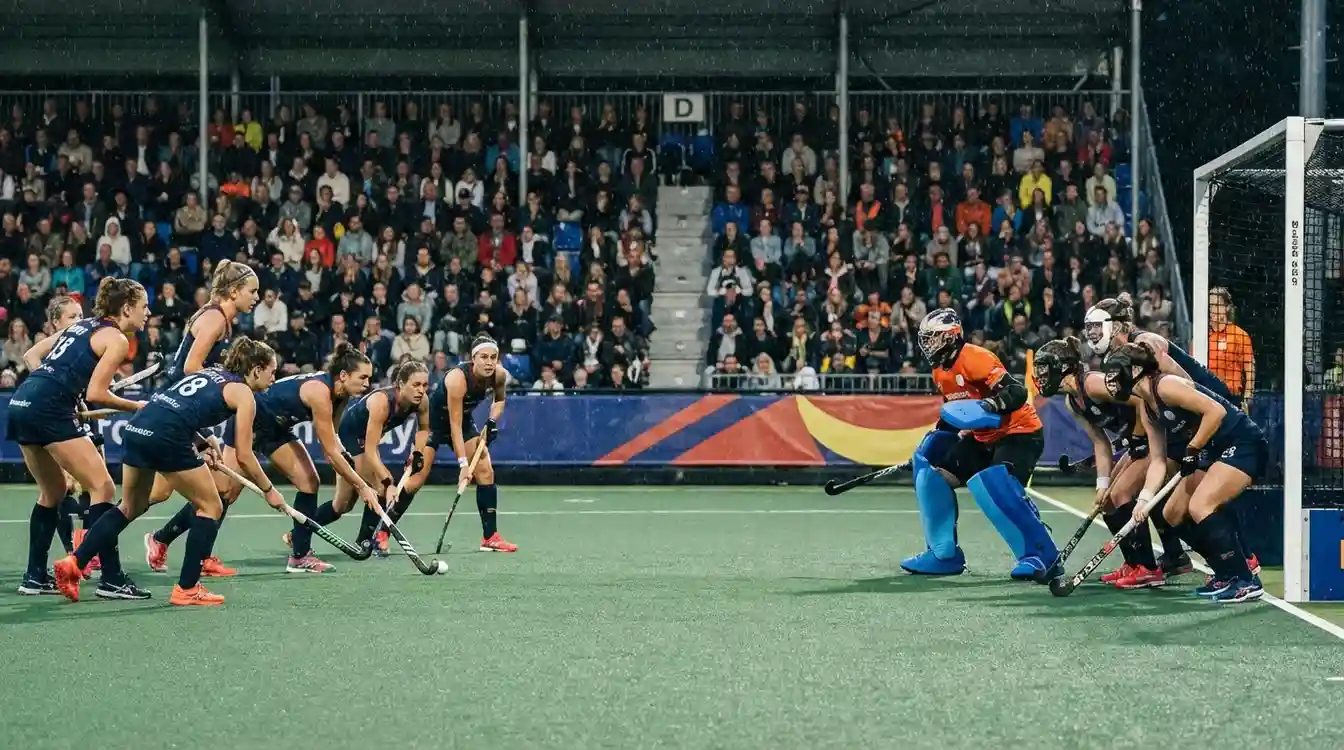 Strafcorner situatie tijdens hockeywedstrijd met gespannen spelers