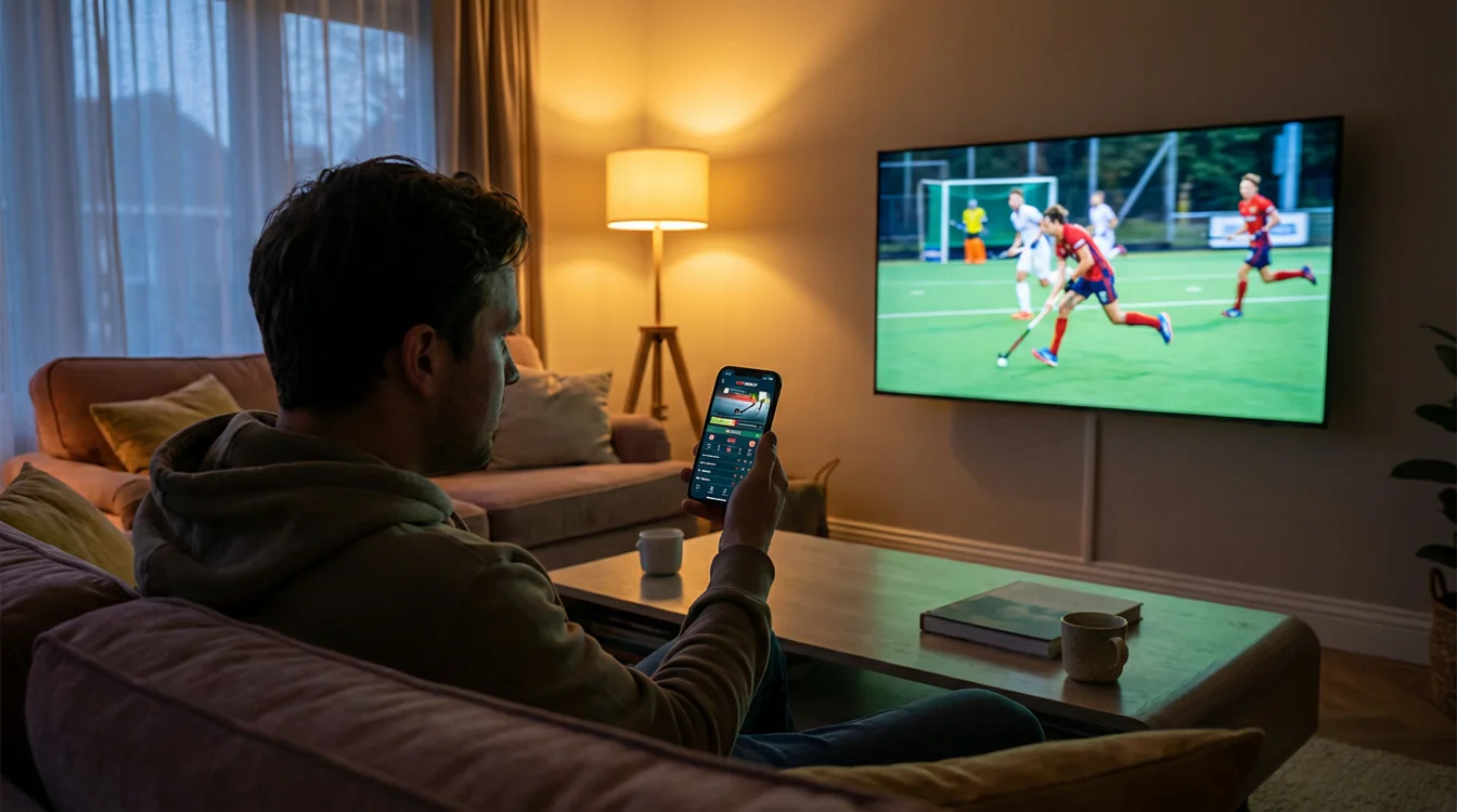 Persoon kijkt hockeywedstrijd op televisie met smartphone in de hand