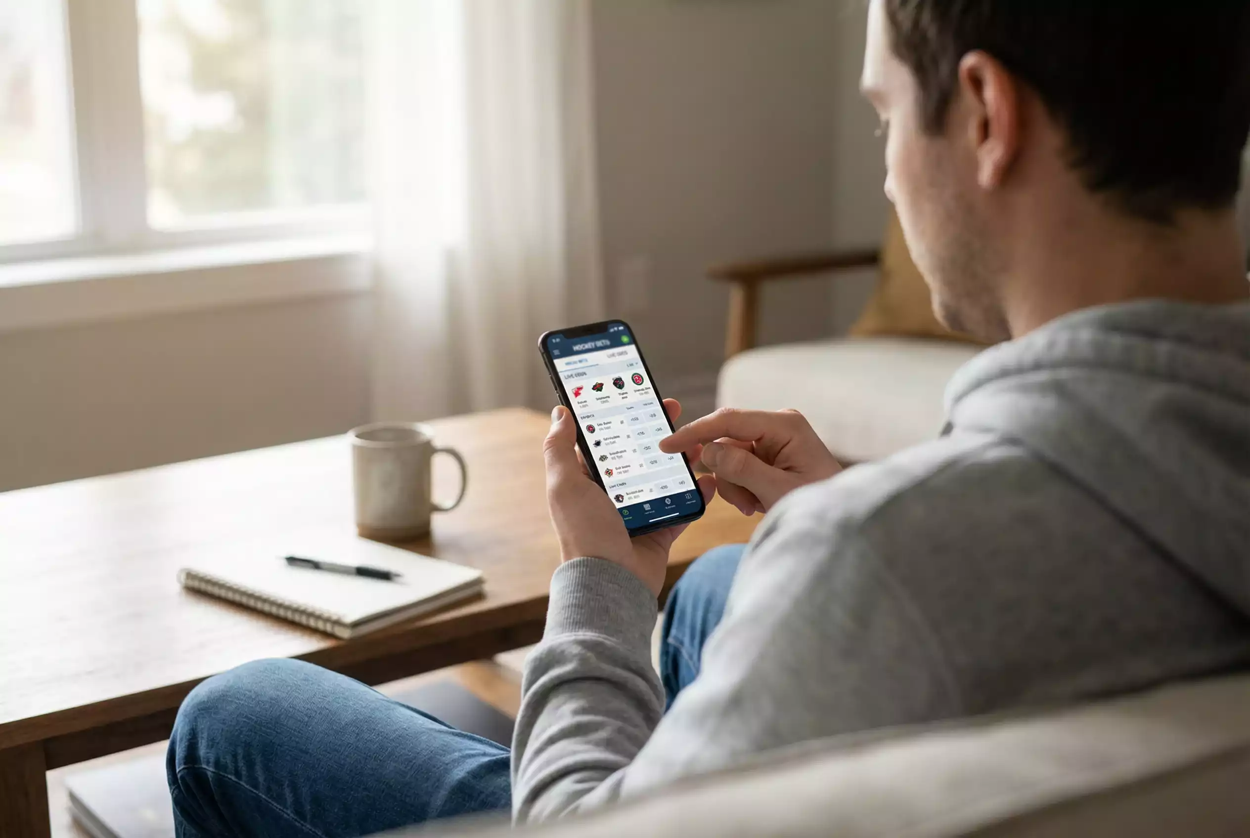 Persoon controleert hockey wedden app op smartphone