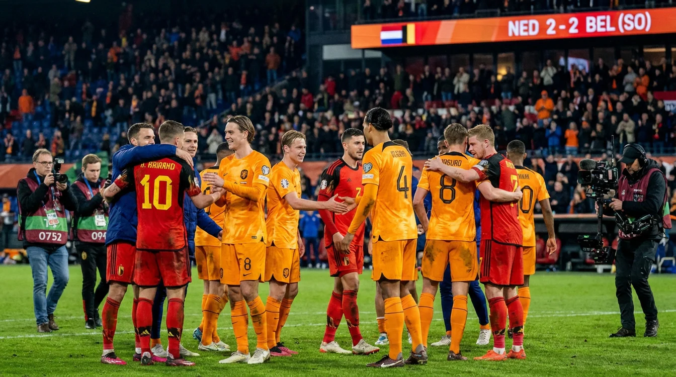 Spelers van Nederland en België schudden handen na wedstrijd