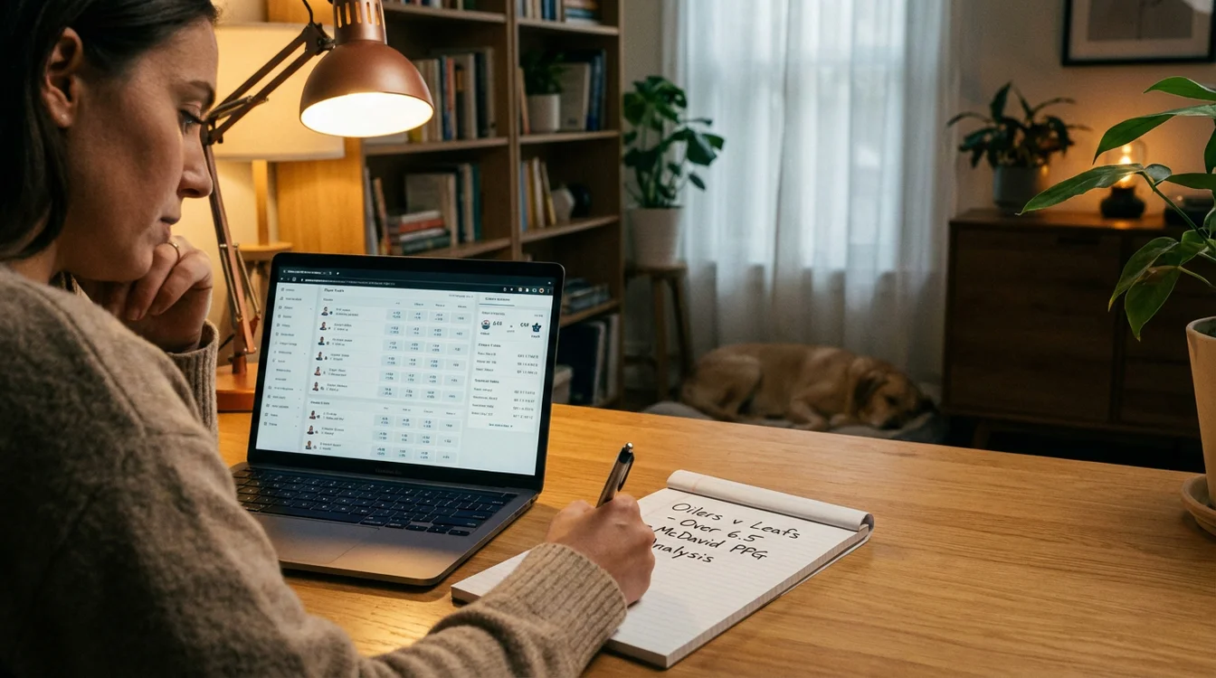 Persoon noteert beste odds in notitieboek naast laptop