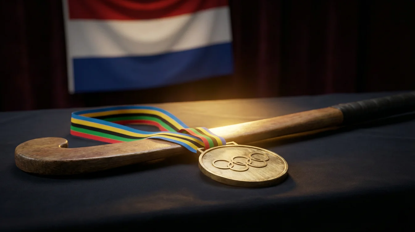 Gouden medaille met hockeystick en Nederlandse vlag op achtergrond