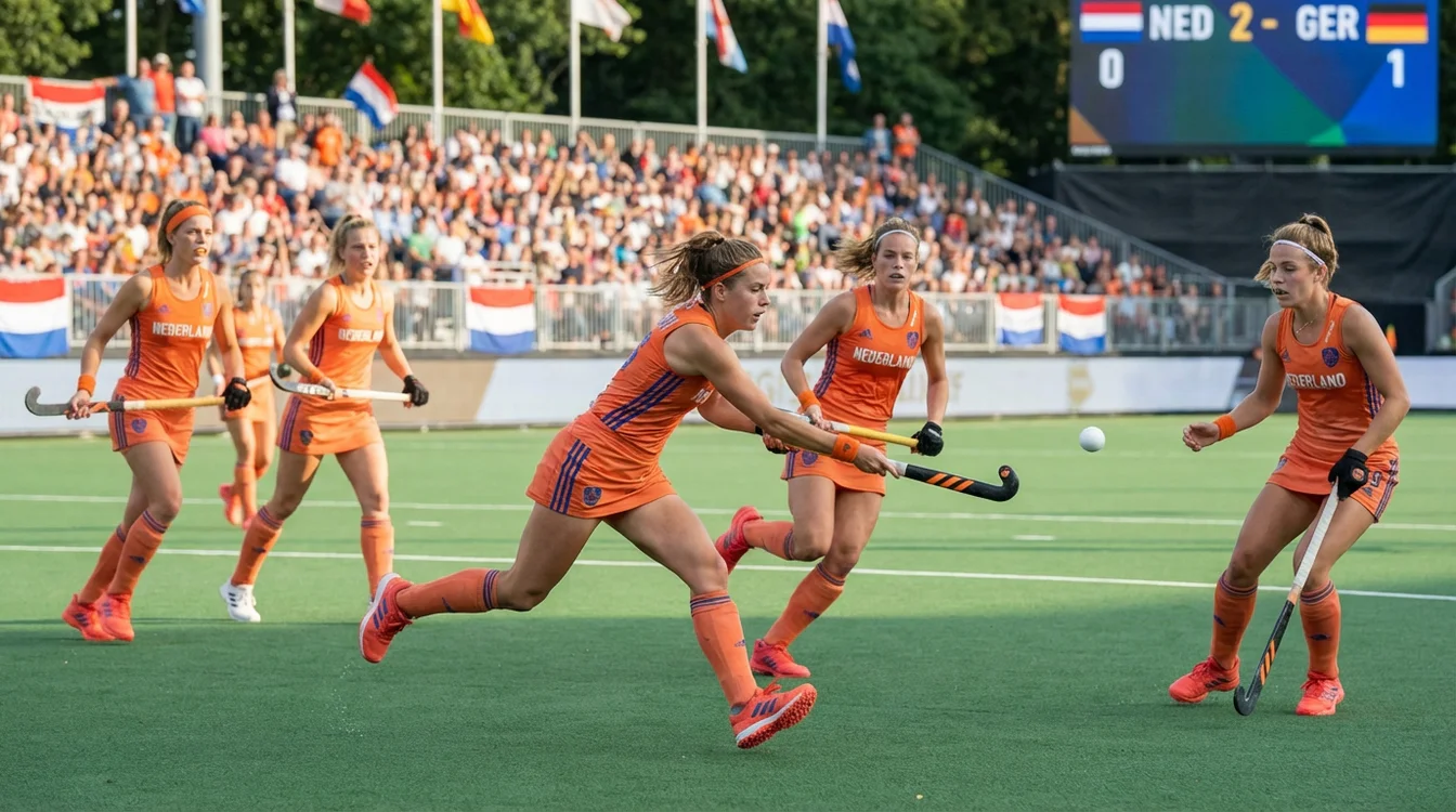 Nederlandse hockeyspelers in aanvallende actie met technisch spel