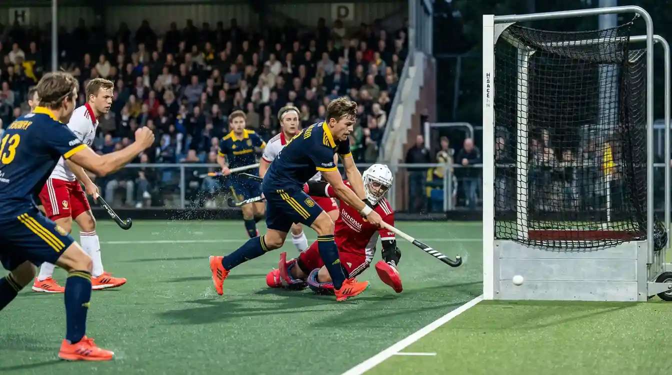 Hockeyspeler scoort doelpunt tijdens wedstrijd