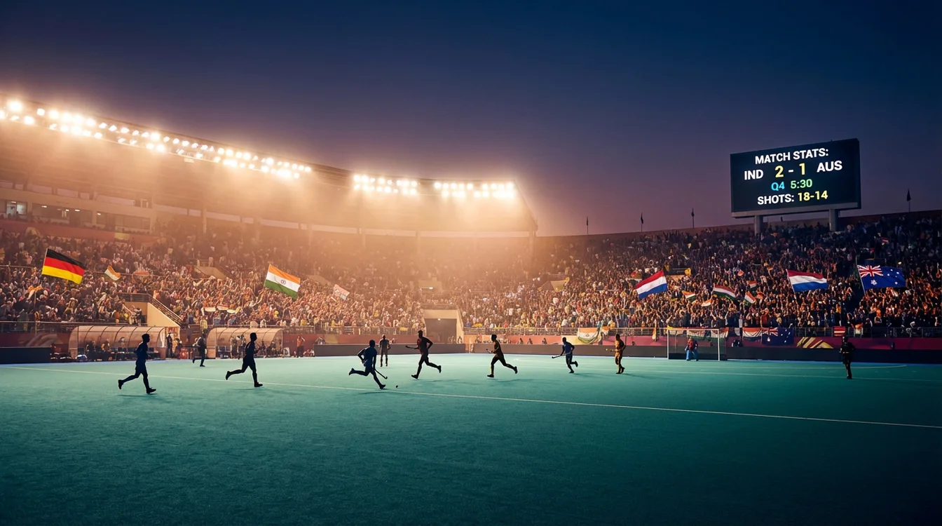 Hockeystadion met scorebord en toeschouwers tijdens avondwedstrijd