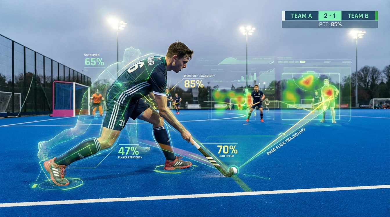 Hockeyspeler neemt strafcorner met data overlay concept
