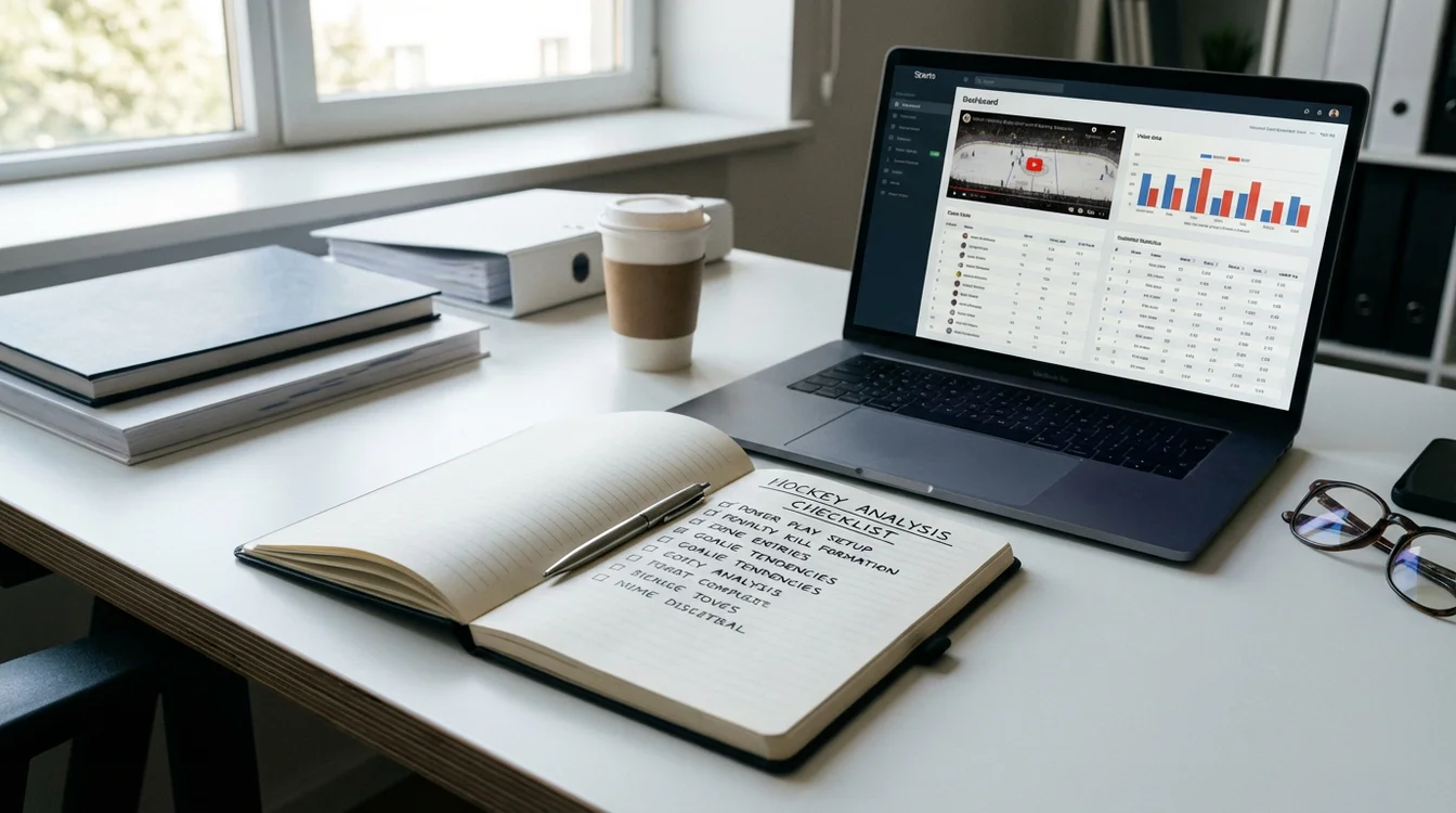 Notitieboek met hockeyanalyse checklist en laptop
