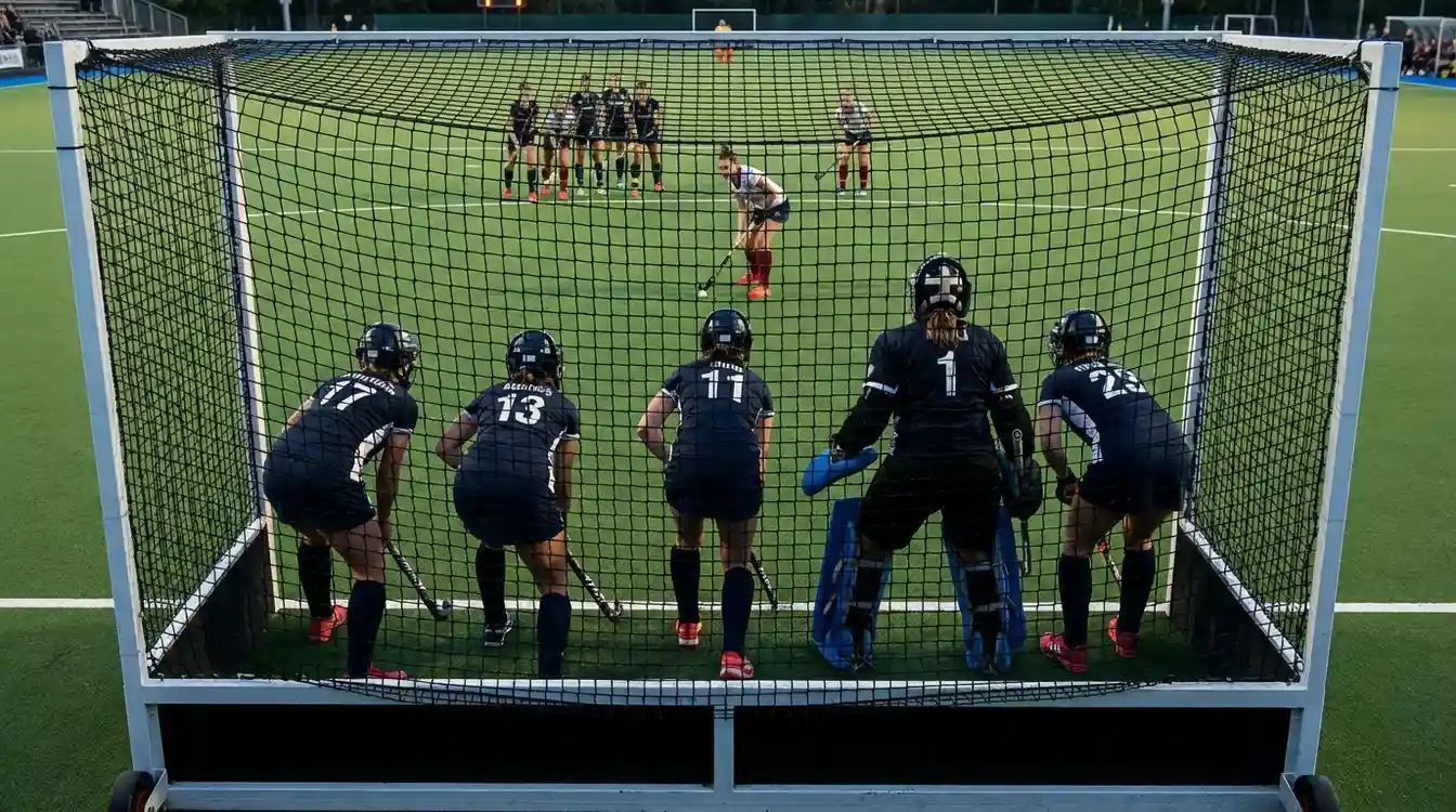Hockey verdedigers met beschermende maskers op de doellijn