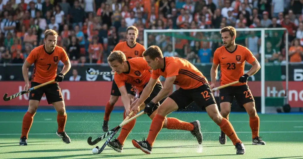 trijd.webp A group of six male field hockey players in orange jerseys and black shorts, actively engaged in a match on a green turf field, with a cheering crowd in the background. One player is focused on controlling the ball while another is poised nearby, ready to assist.