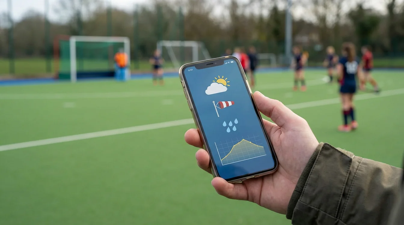Weersvoorspelling app op smartphone met hockeyveld achtergrond