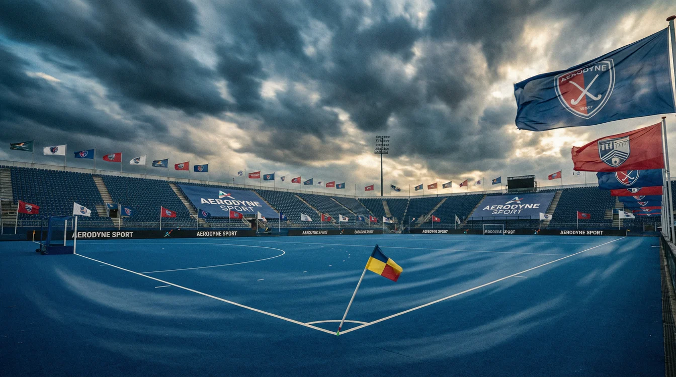 Hockeyveld met wapperende vlaggen die wind aangeven