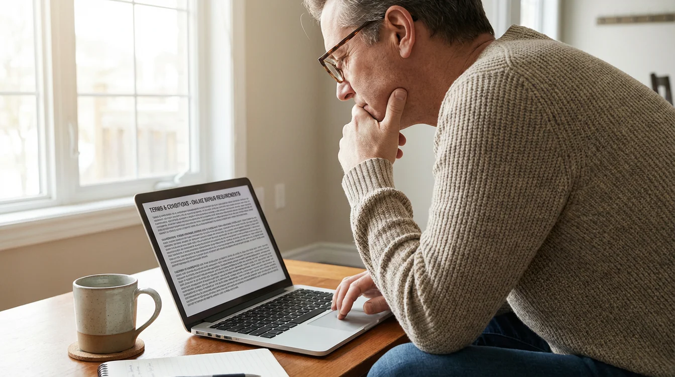 Persoon leest bonusvoorwaarden op laptop scherm