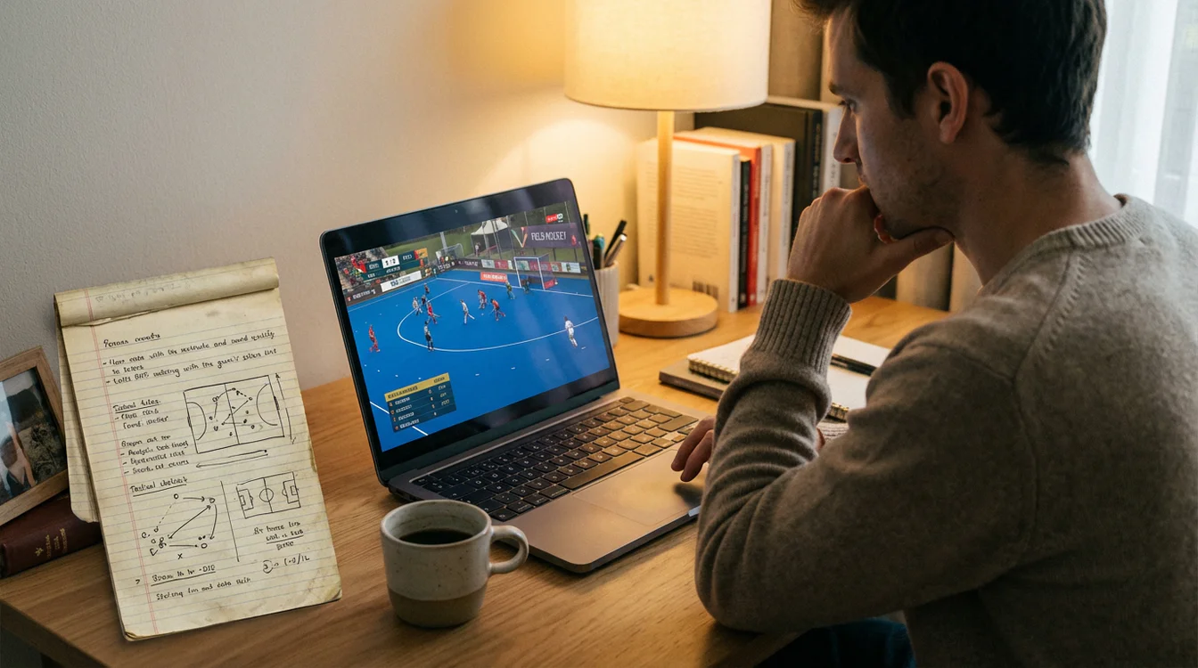 Laptop met hockeywedstrijd livestream en notitieblok met analyse