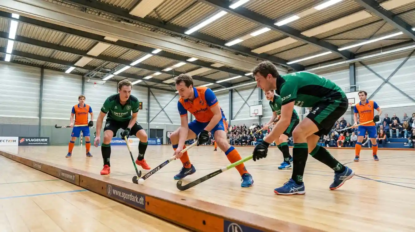 Zaalhockeyspelers tijdens competitiewedstrijd in Nederlandse sporthal